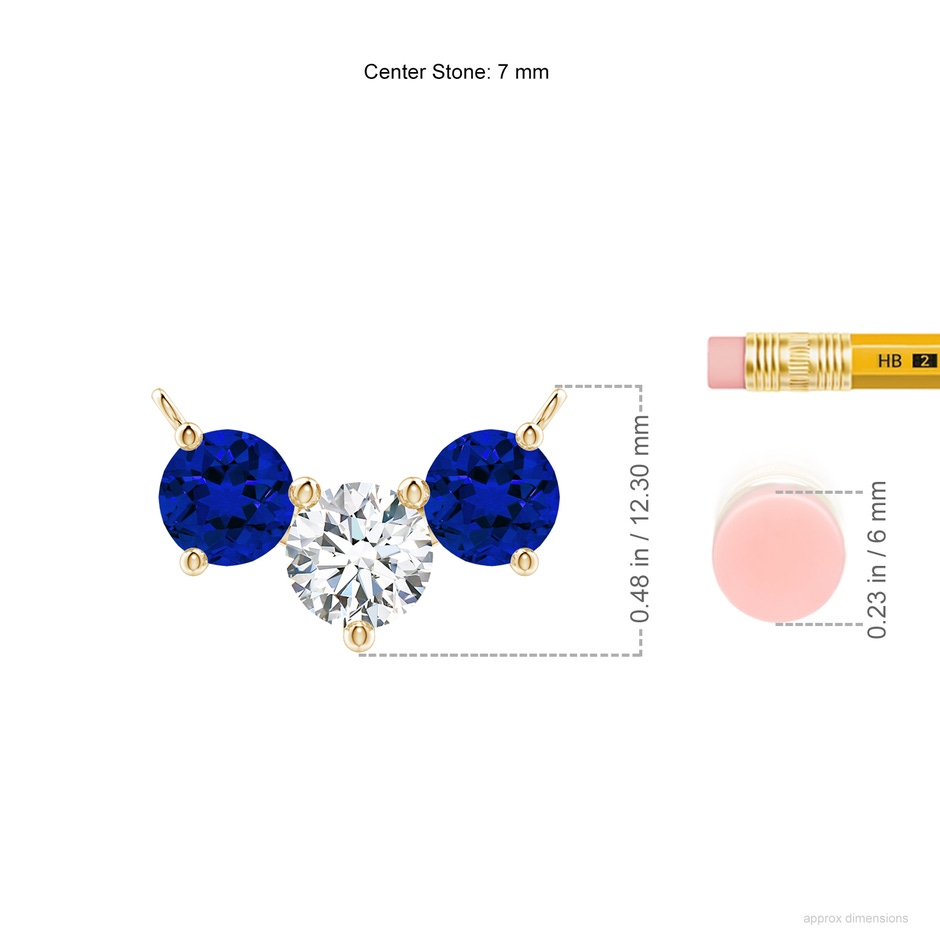7mm FGVS Lab-Grown Round and Blue Sapphire Diamond Three Stone Necklace in Yellow Gold ruler