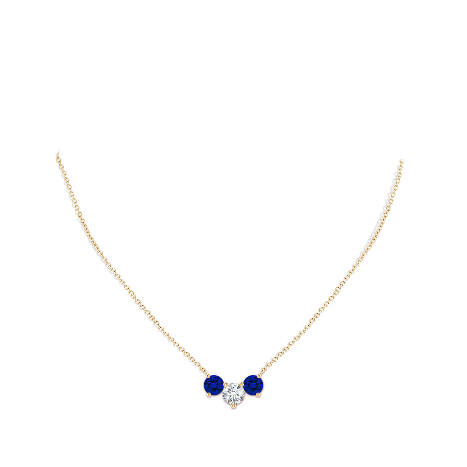 7mm FGVS Lab-Grown Round and Blue Sapphire Diamond Three Stone Necklace in Yellow Gold pen