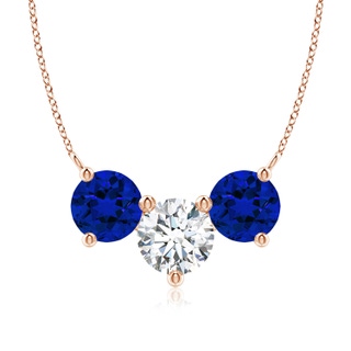 8.1mm FGVS Lab-Grown Round and Blue Sapphire Diamond Three Stone Necklace in Rose Gold