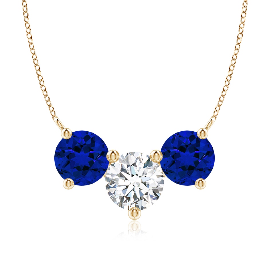 8.1mm FGVS Lab-Grown Round and Blue Sapphire Diamond Three Stone Necklace in Yellow Gold 