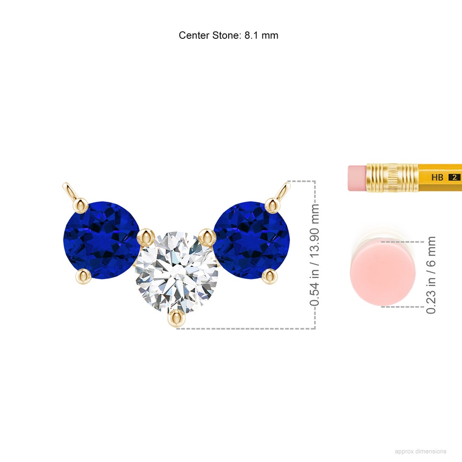 8.1mm FGVS Lab-Grown Round and Blue Sapphire Diamond Three Stone Necklace in Yellow Gold ruler