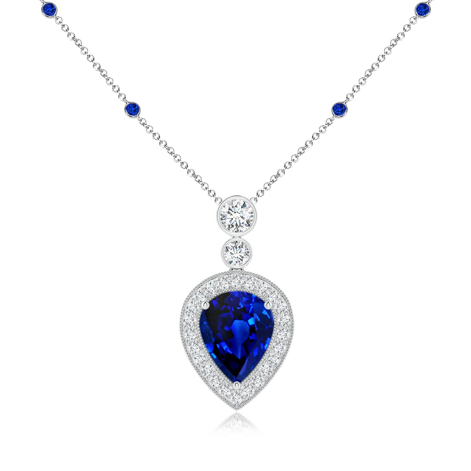 10x8mm Labgrown Lab-Grown Inverted Pear Blue Sapphire Necklace with Lab Diamonds in 18K White Gold