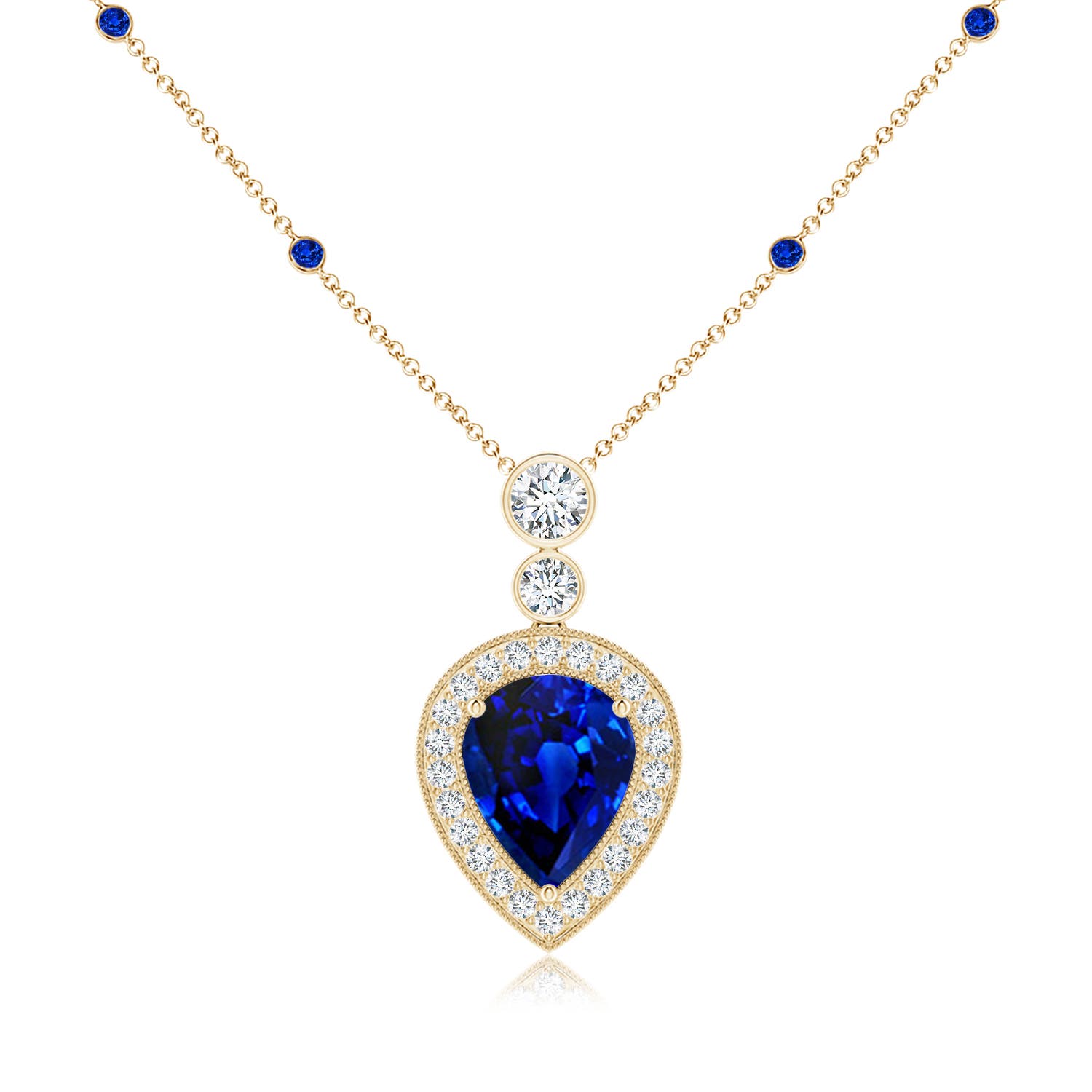 10x8mm Labgrown Lab-Grown Inverted Pear Blue Sapphire Necklace with Lab Diamonds in 18K Yellow Gold