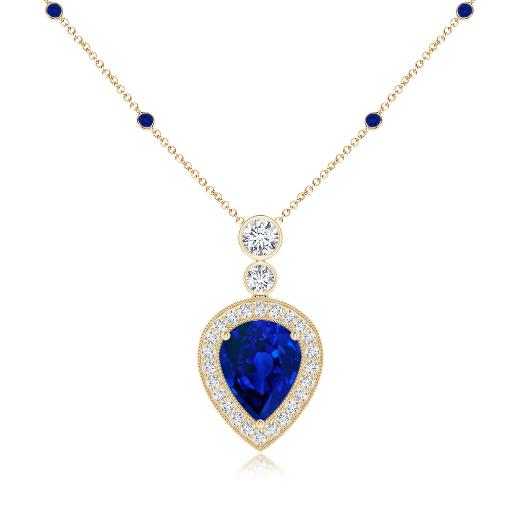 10x8mm Labgrown Lab-Grown Inverted Pear Blue Sapphire Necklace with Lab Diamonds in Yellow Gold