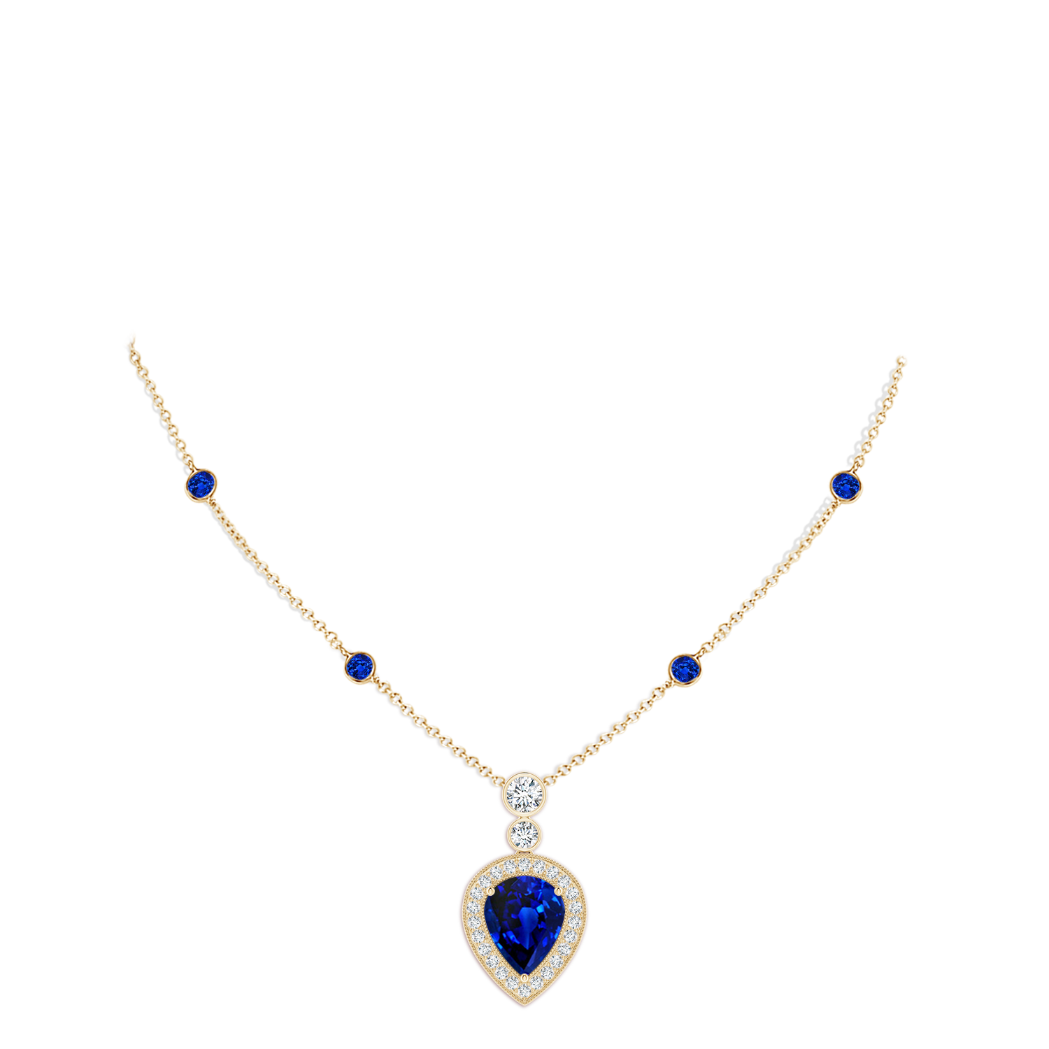 10x8mm Labgrown Lab-Grown Inverted Pear Blue Sapphire Necklace with Lab Diamonds in Yellow Gold - body_neck