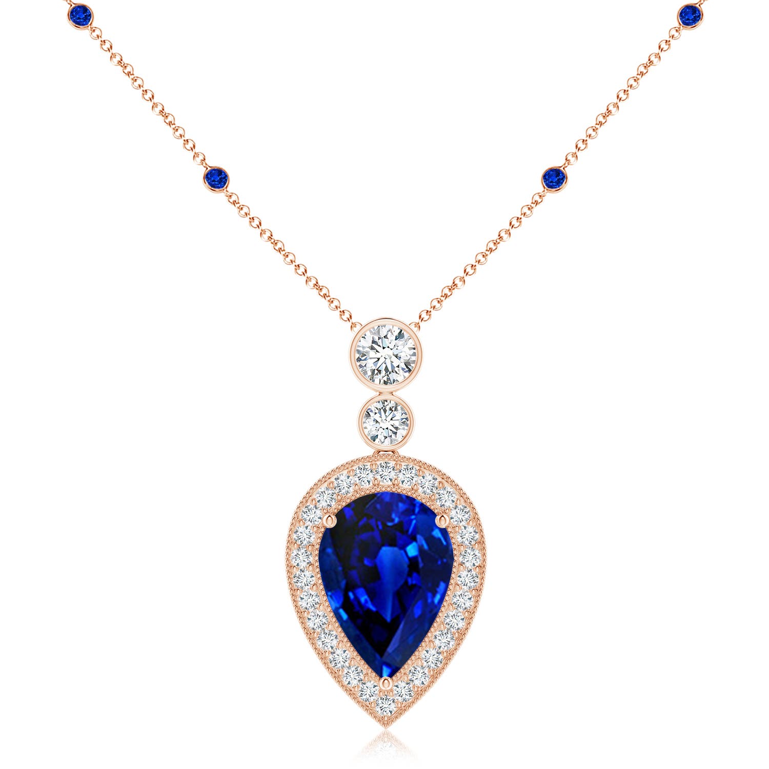 14x10mm Labgrown Lab-Grown Inverted Pear Blue Sapphire Necklace with Lab Diamonds in 18CT Rose Gold
