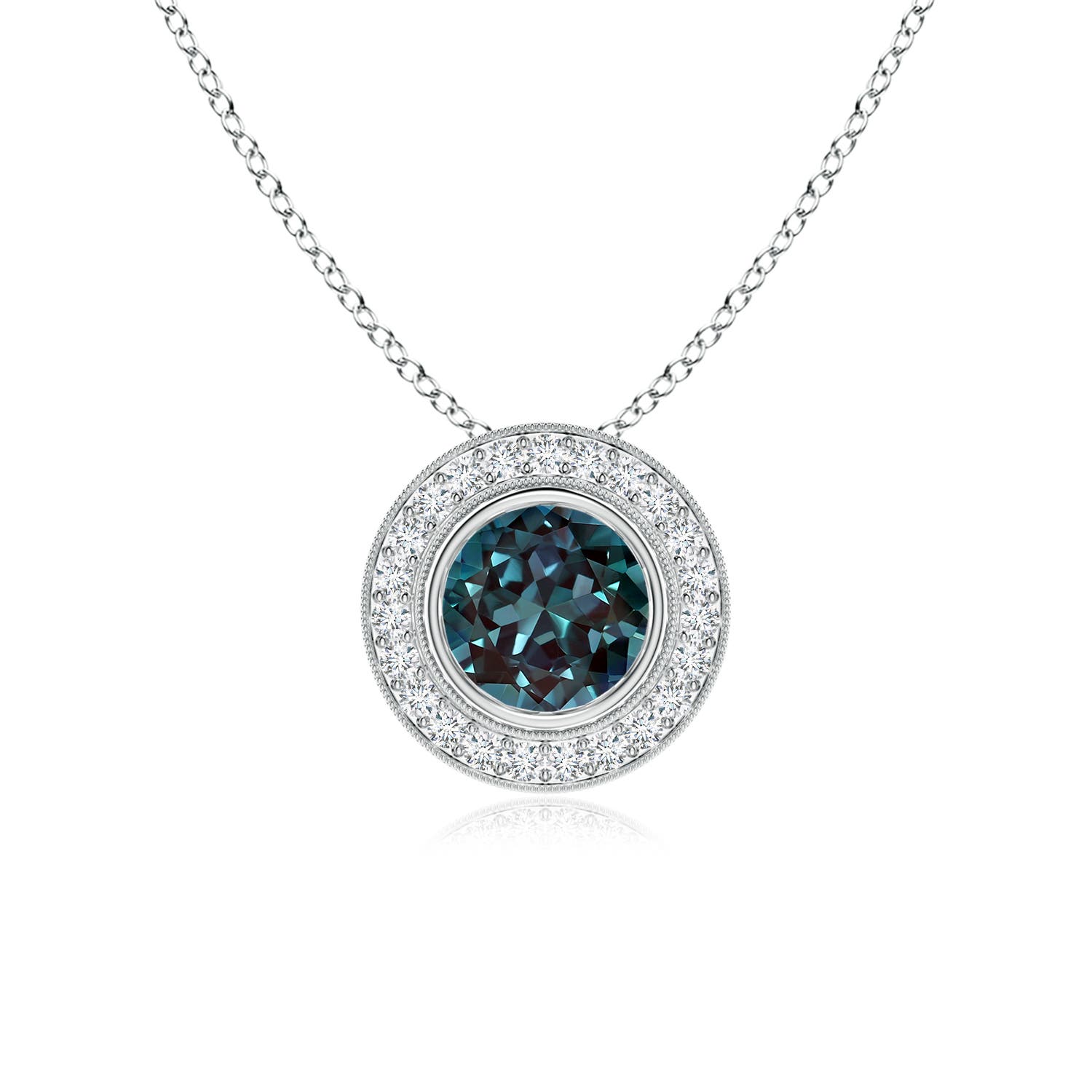 6mm Labgrown Bezel-Set Lab-Grown Alexandrite Pendant with Diamond Halo in 18K White Gold