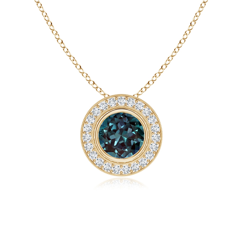 6mm Labgrown Bezel-Set Lab-Grown Alexandrite Pendant with Diamond Halo in Yellow Gold