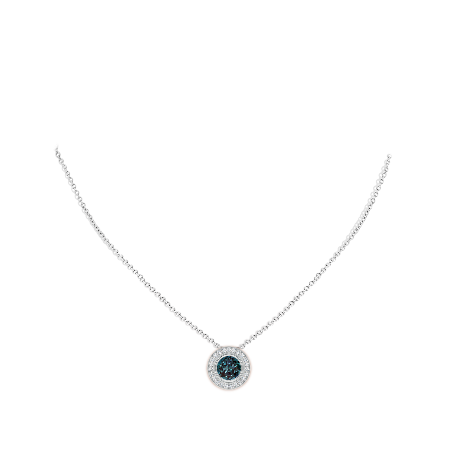 7mm Labgrown Bezel-Set Lab-Grown Alexandrite Pendant with Diamond Halo in White Gold - body_neck
