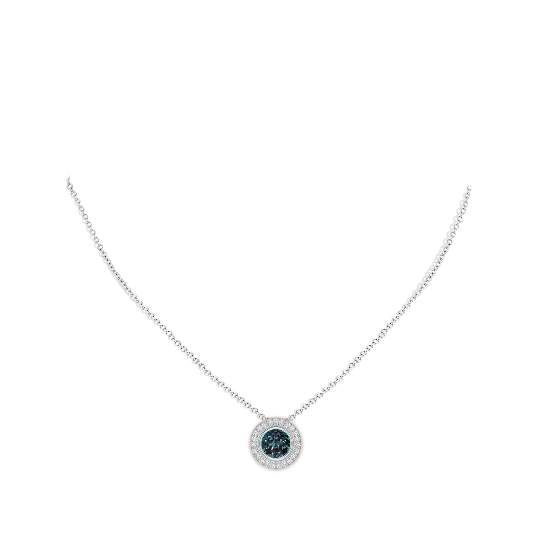 7mm Labgrown Bezel-Set Lab-Grown Alexandrite Pendant with Diamond Halo in White Gold - body_neck