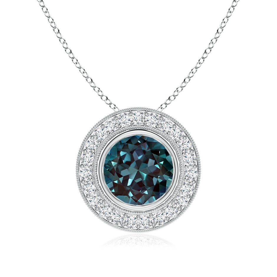 8mm Labgrown Bezel-Set Lab-Grown Alexandrite Pendant with Diamond Halo in White Gold 