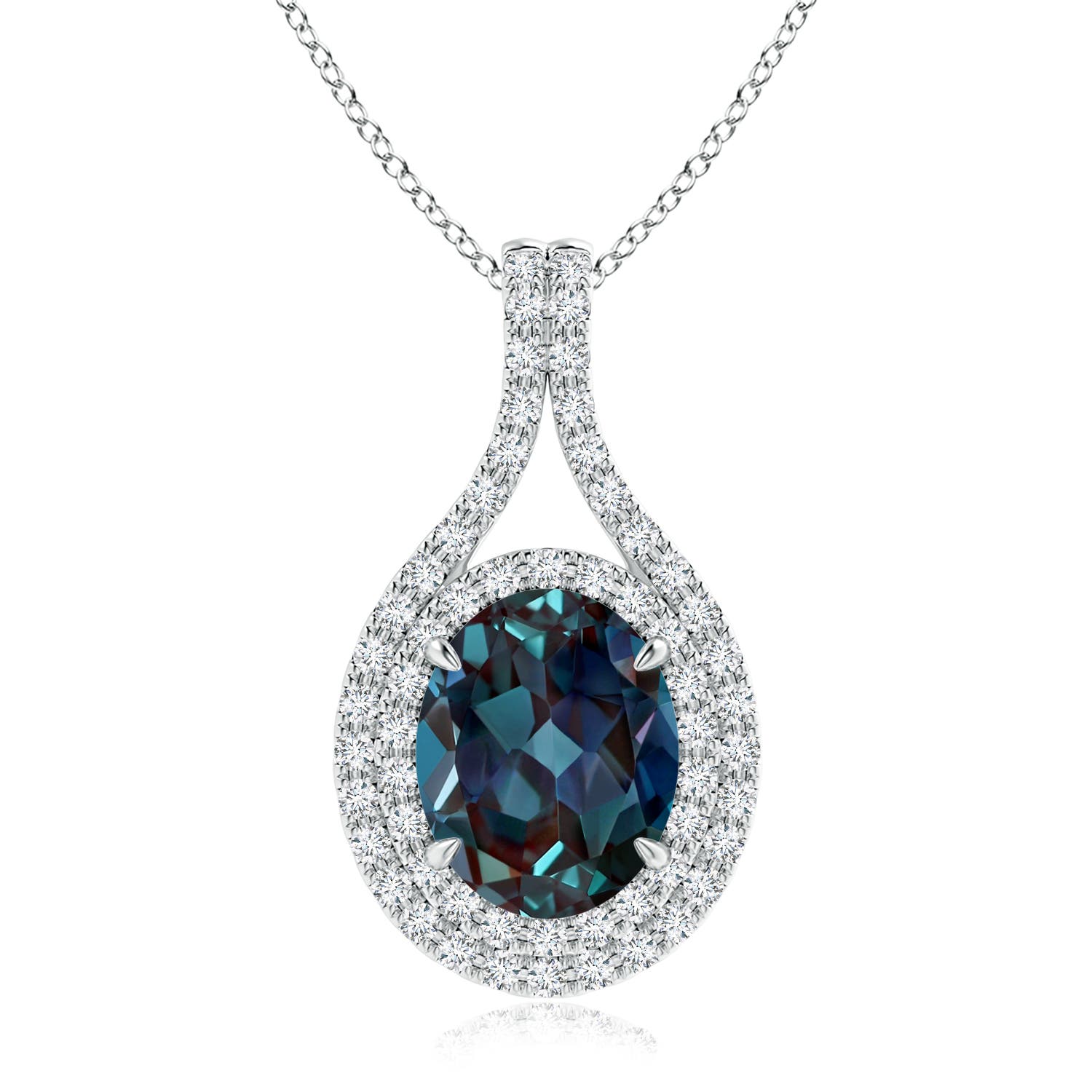 10x8mm Labgrown Oval Lab-Grown Alexandrite Double Halo Loop Pendant in 18K White Gold