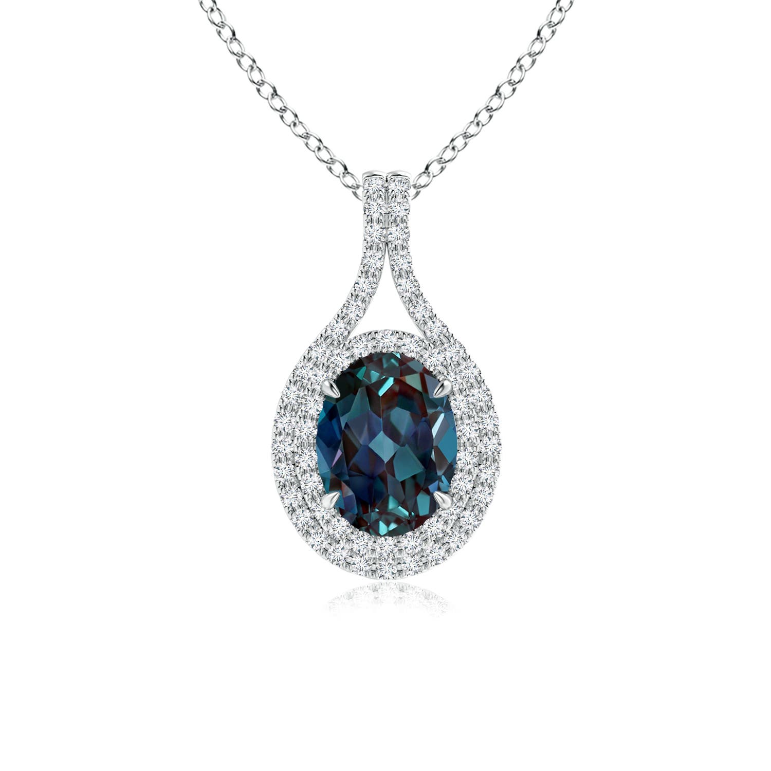 8x6mm Labgrown Oval Lab-Grown Alexandrite Double Halo Loop Pendant in 18K White Gold