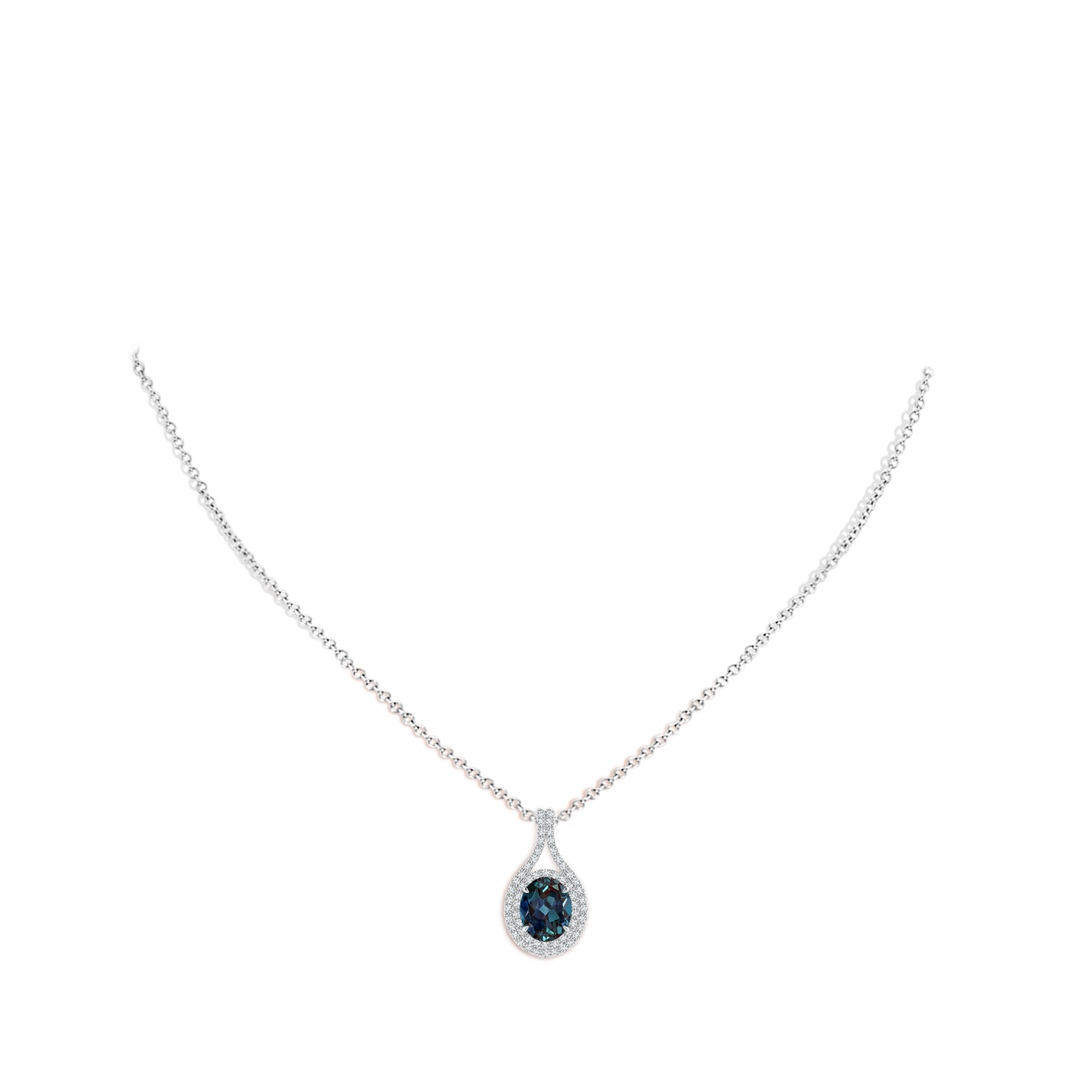 9x7mm Labgrown Oval Lab-Grown Alexandrite Double Halo Loop Pendant in White Gold - body_neck