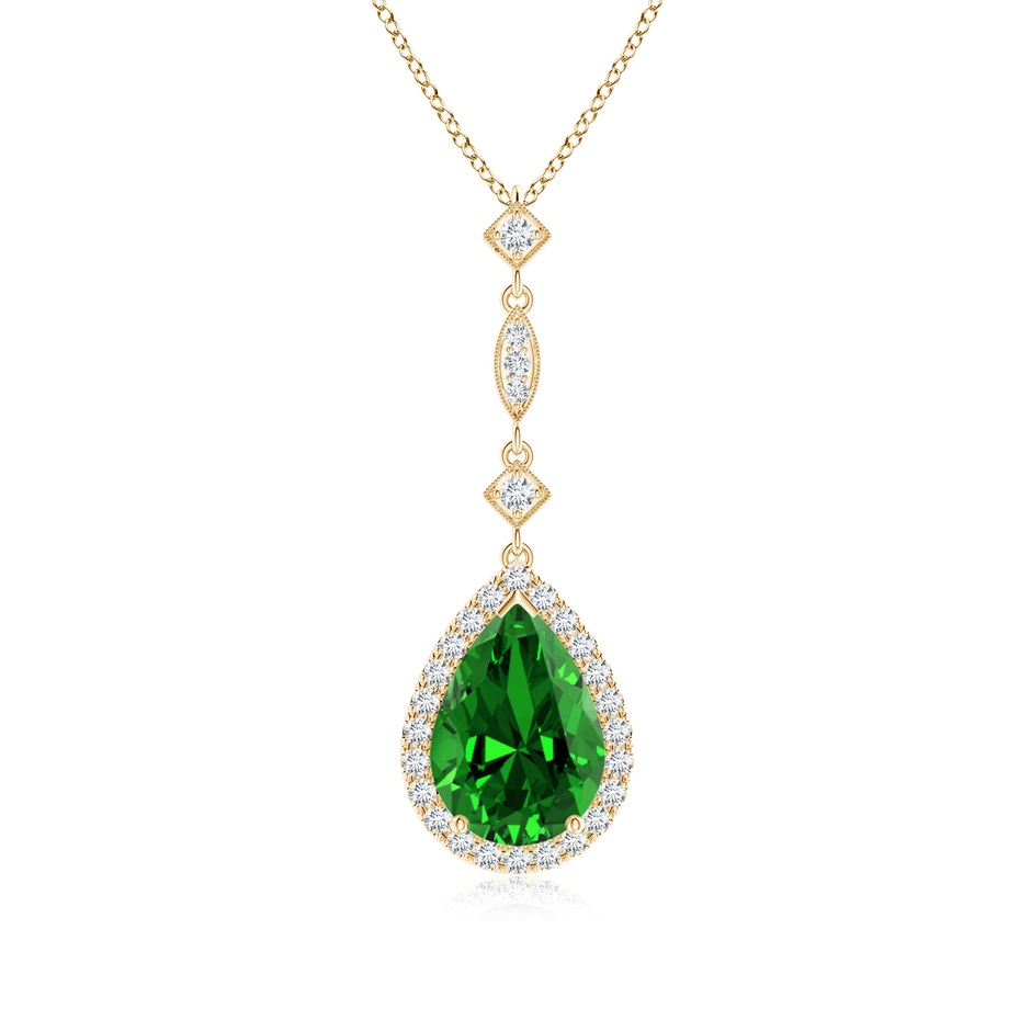 10x8mm Labgrown Lab-Grown Emerald Teardrop Pendant with Diamond Accents in Yellow Gold 