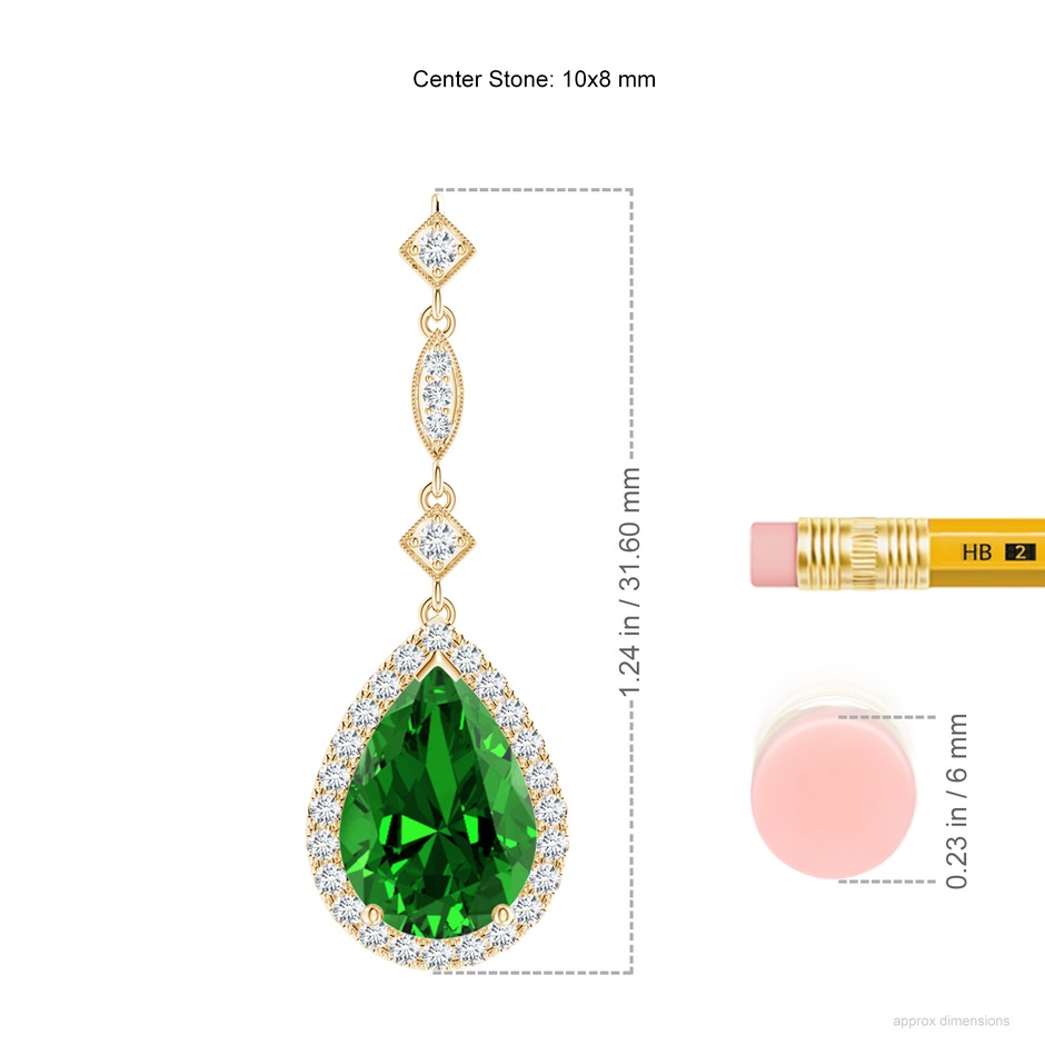 10x8mm Labgrown Lab-Grown Emerald Teardrop Pendant with Diamond Accents in Yellow Gold ruler
