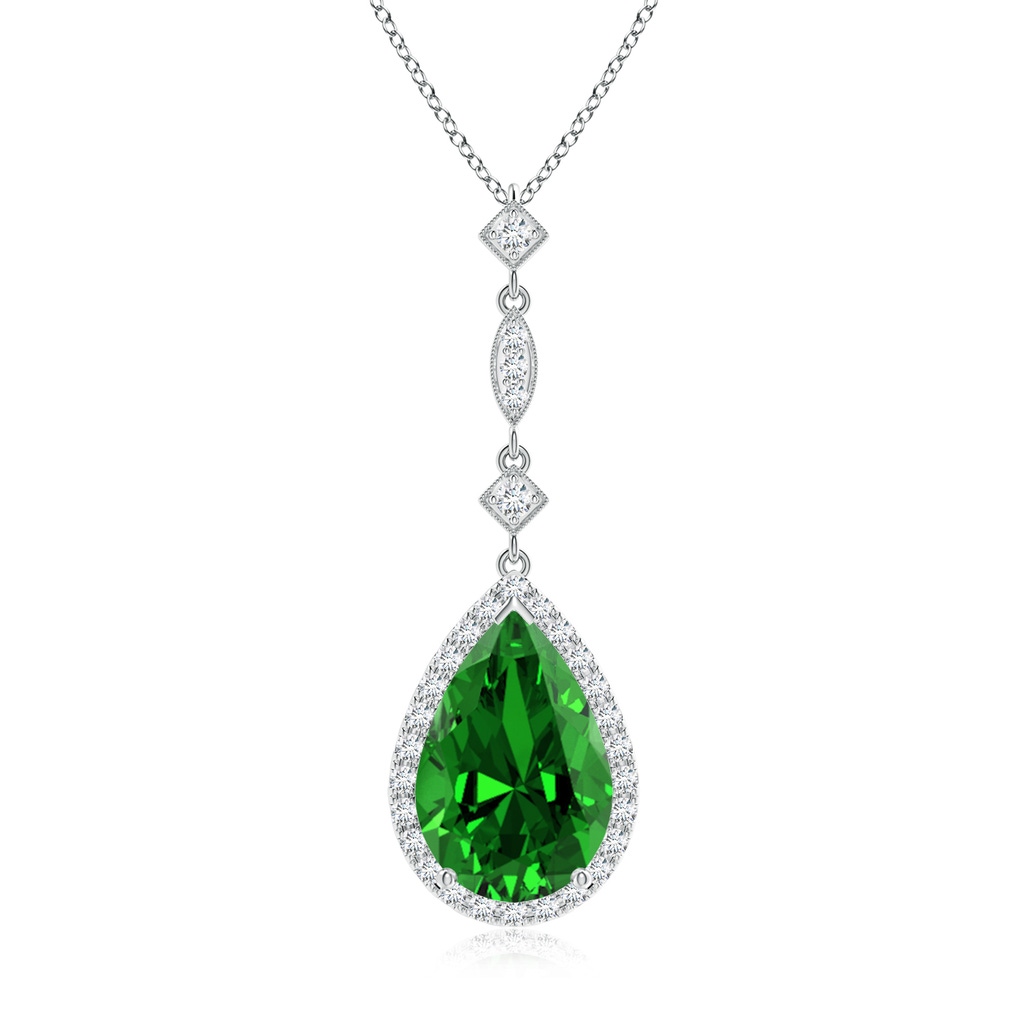 12x10mm Labgrown Lab-Grown Emerald Teardrop Pendant with Diamond Accents in White Gold