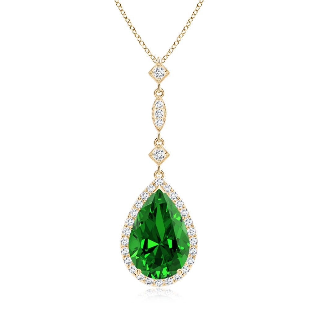 12x10mm Labgrown Lab-Grown Emerald Teardrop Pendant with Diamond Accents in Yellow Gold