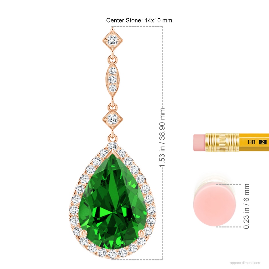 14x10mm Labgrown Lab-Grown Emerald Teardrop Pendant with Diamond Accents in Rose Gold ruler