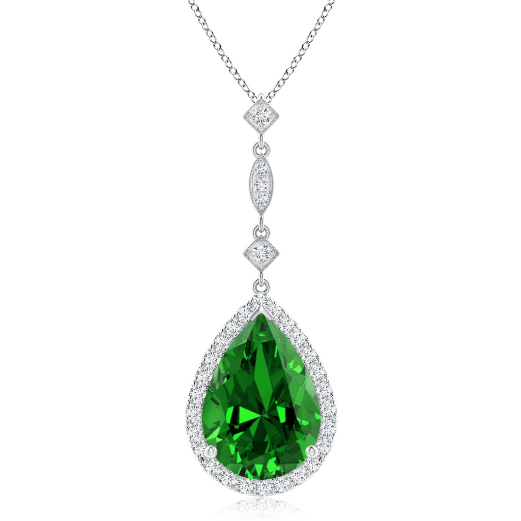 14x10mm Labgrown Lab-Grown Emerald Teardrop Pendant with Diamond Accents in White Gold