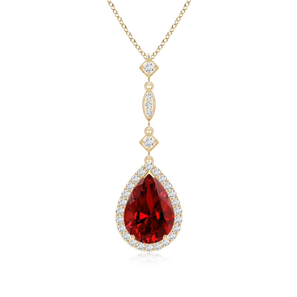 10x8mm Labgrown Lab-Grown Ruby Teardrop Pendant with Diamond Accents in Yellow Gold
