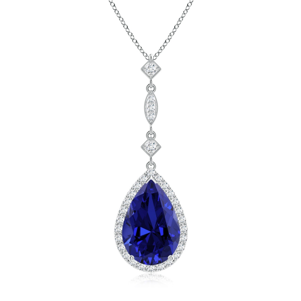 12x10mm Labgrown Lab-Grown Blue Sapphire Teardrop Pendant with Diamond Accents in White Gold