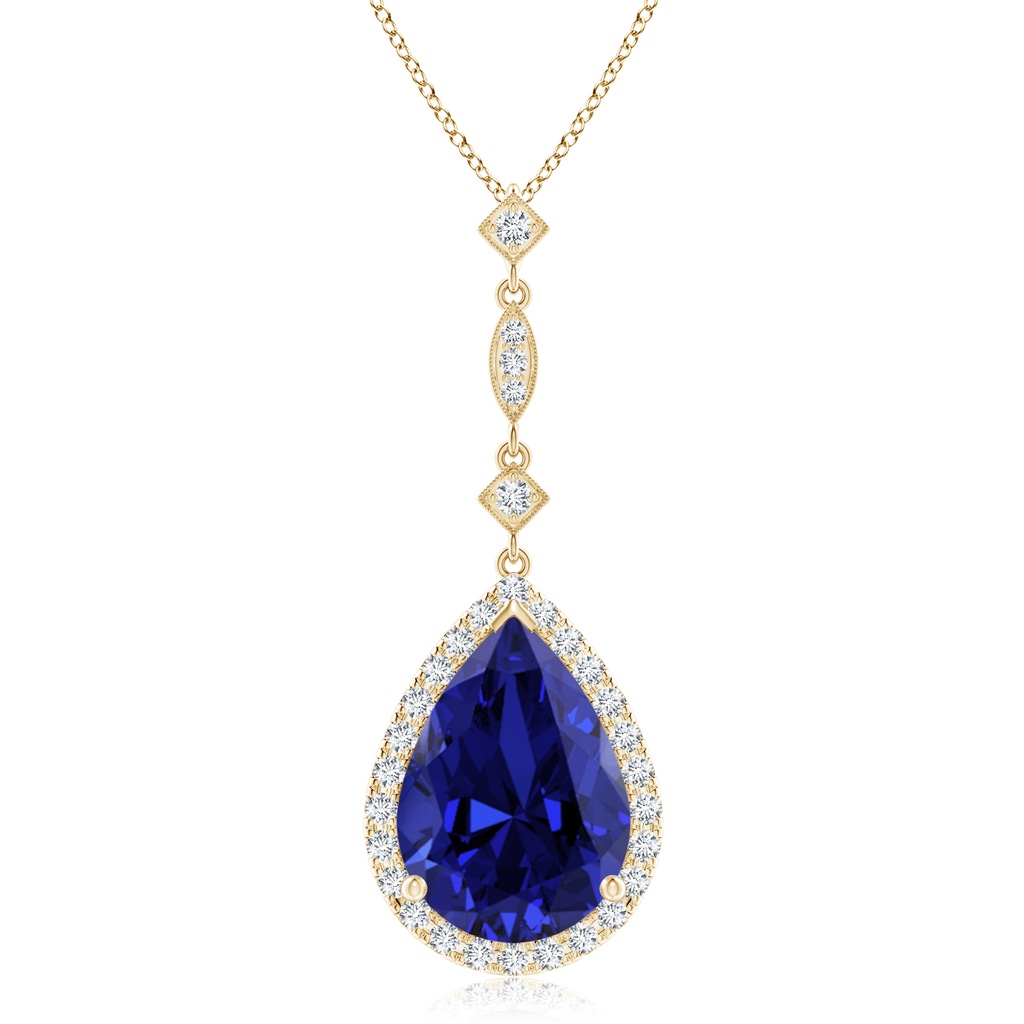 14x10mm Labgrown Lab-Grown Blue Sapphire Teardrop Pendant with Diamond Accents in Yellow Gold