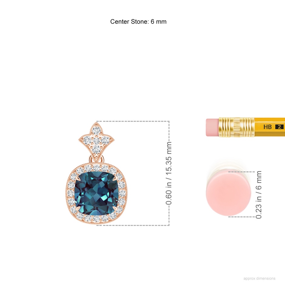 6mm Labgrown Vintage Inspired Cushion Lab-Grown Alexandrite Halo Pendant in Rose Gold ruler