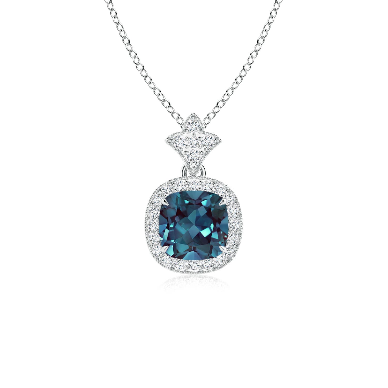 6mm Labgrown Vintage Inspired Cushion Lab-Grown Alexandrite Halo Pendant in White Gold