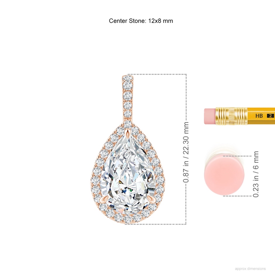 12x8mm FGVS Lab-Grown Diamond Teardrop Pendant with Halo in Rose Gold ruler
