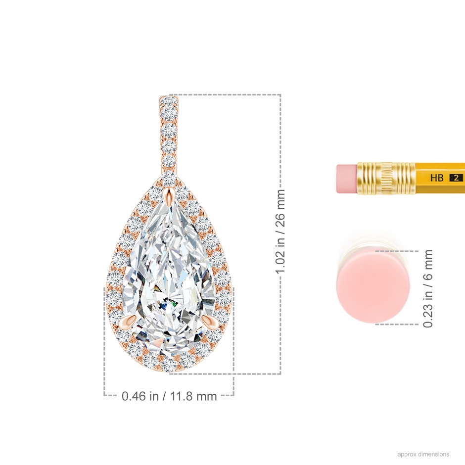 14x8mm FGVS Lab-Grown Diamond Teardrop Pendant with Halo in Rose Gold ruler