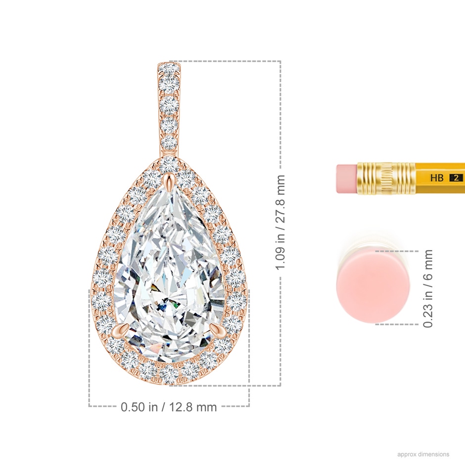 15x9mm FGVS Lab-Grown Diamond Teardrop Pendant with Halo in Rose Gold ruler
