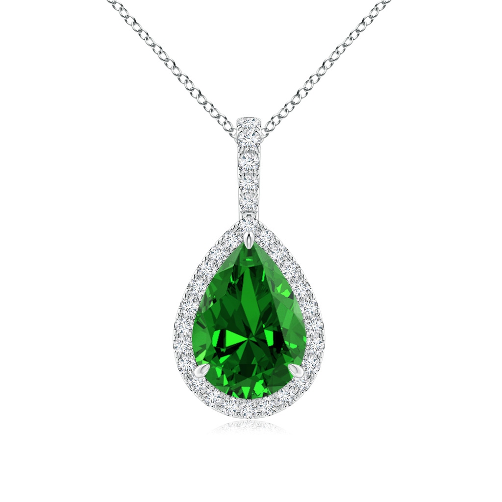 10x8mm Labgrown Lab-Grown Emerald Teardrop Pendant with Diamond Halo in S999 Silver