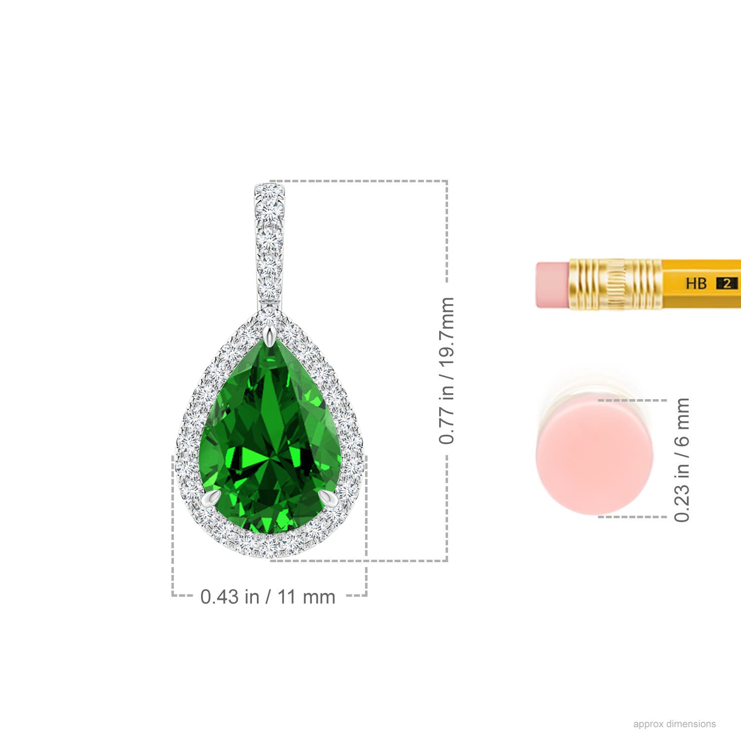 10x8mm Labgrown Lab-Grown Emerald Teardrop Pendant with Diamond Halo in White Gold - ruler