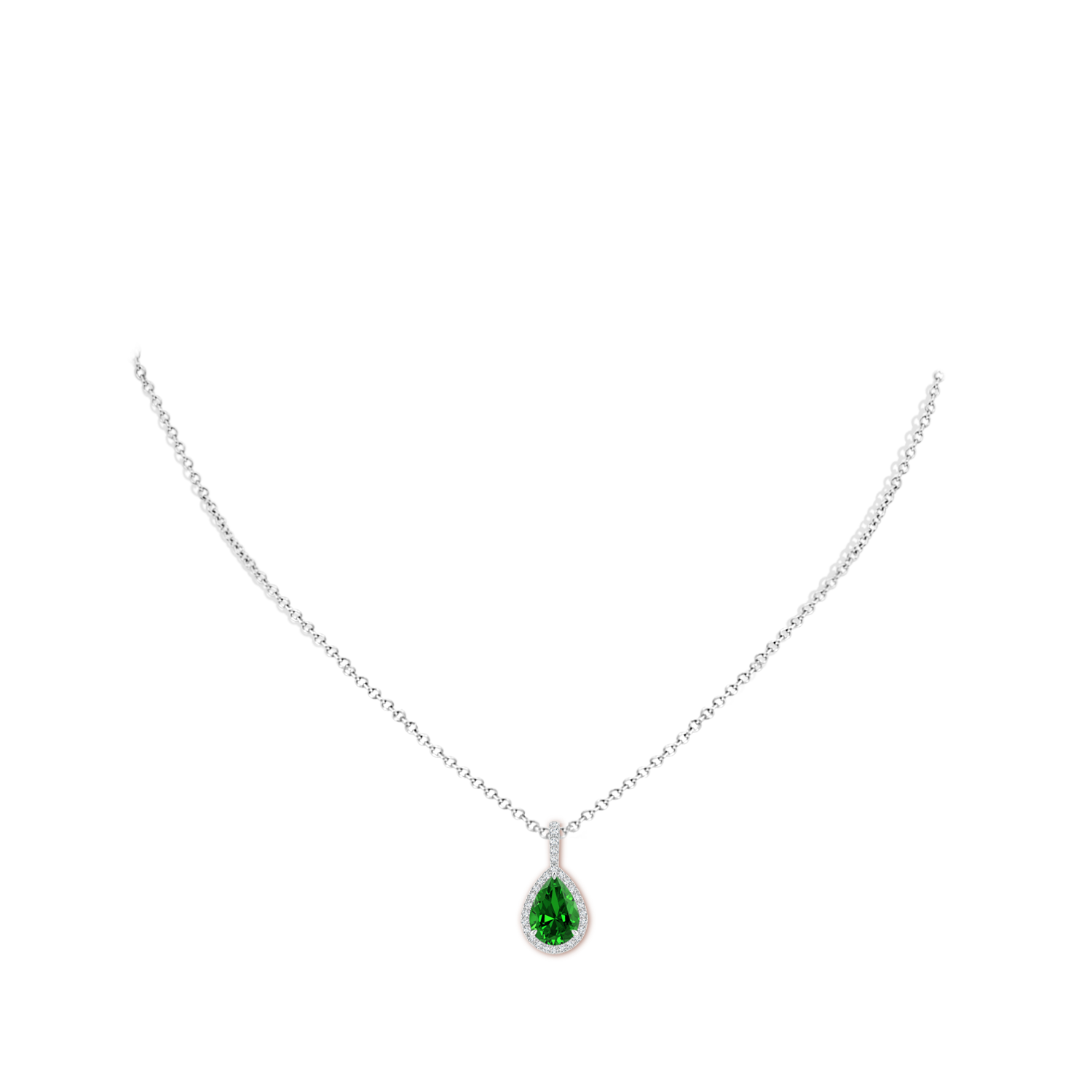 10x8mm Labgrown Lab-Grown Emerald Teardrop Pendant with Diamond Halo in White Gold - body_neck