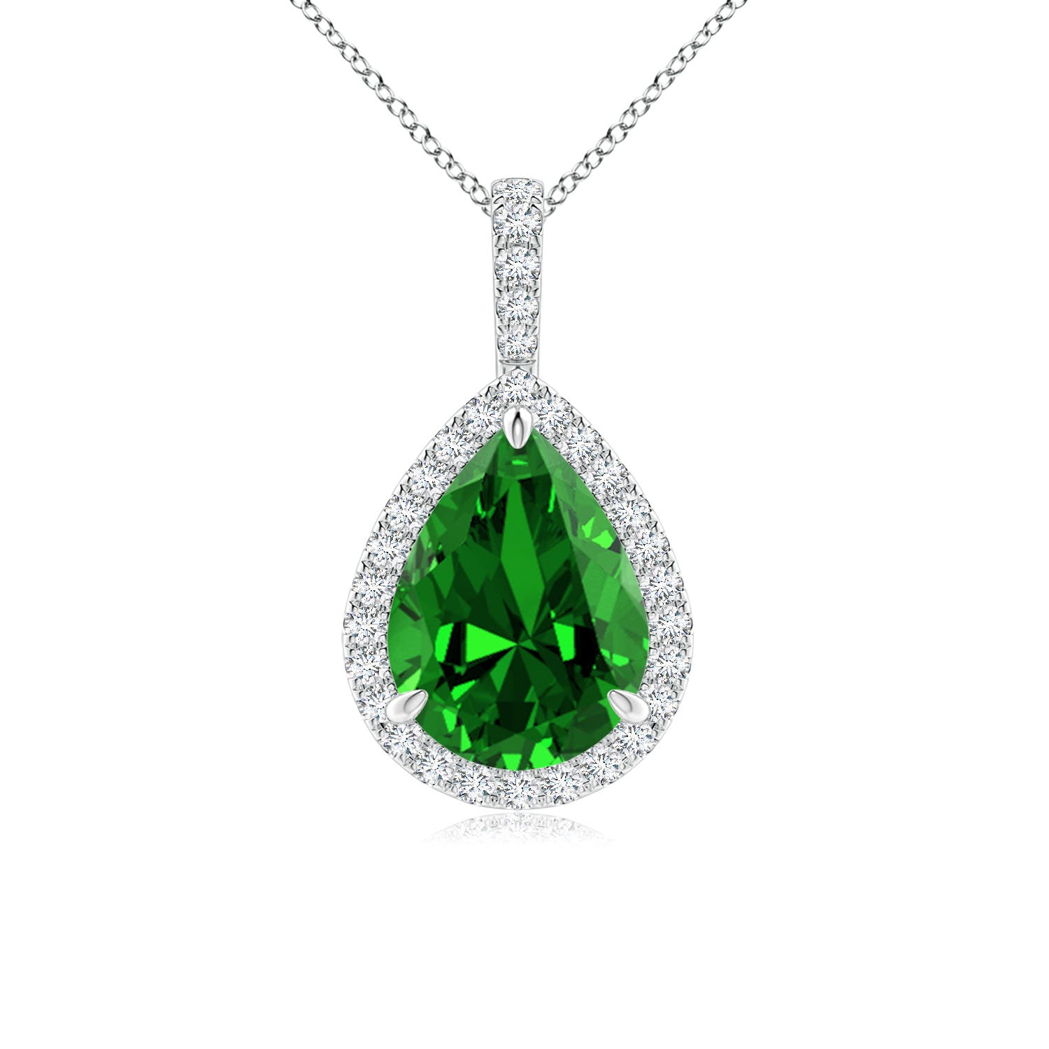 12x10mm Labgrown Lab-Grown Emerald Teardrop Pendant with Diamond Halo in P950 Platinum