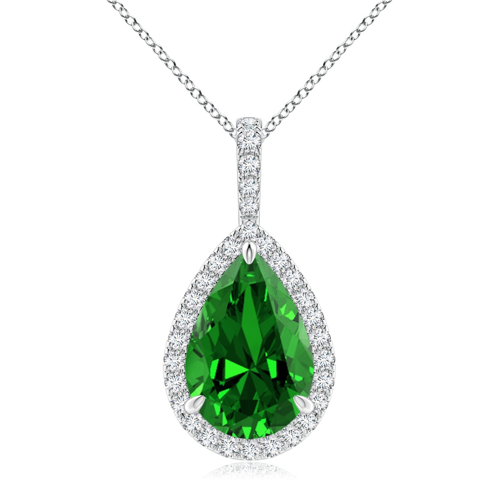 12x10mm Labgrown Lab-Grown Emerald Teardrop Pendant with Diamond Halo in White Gold