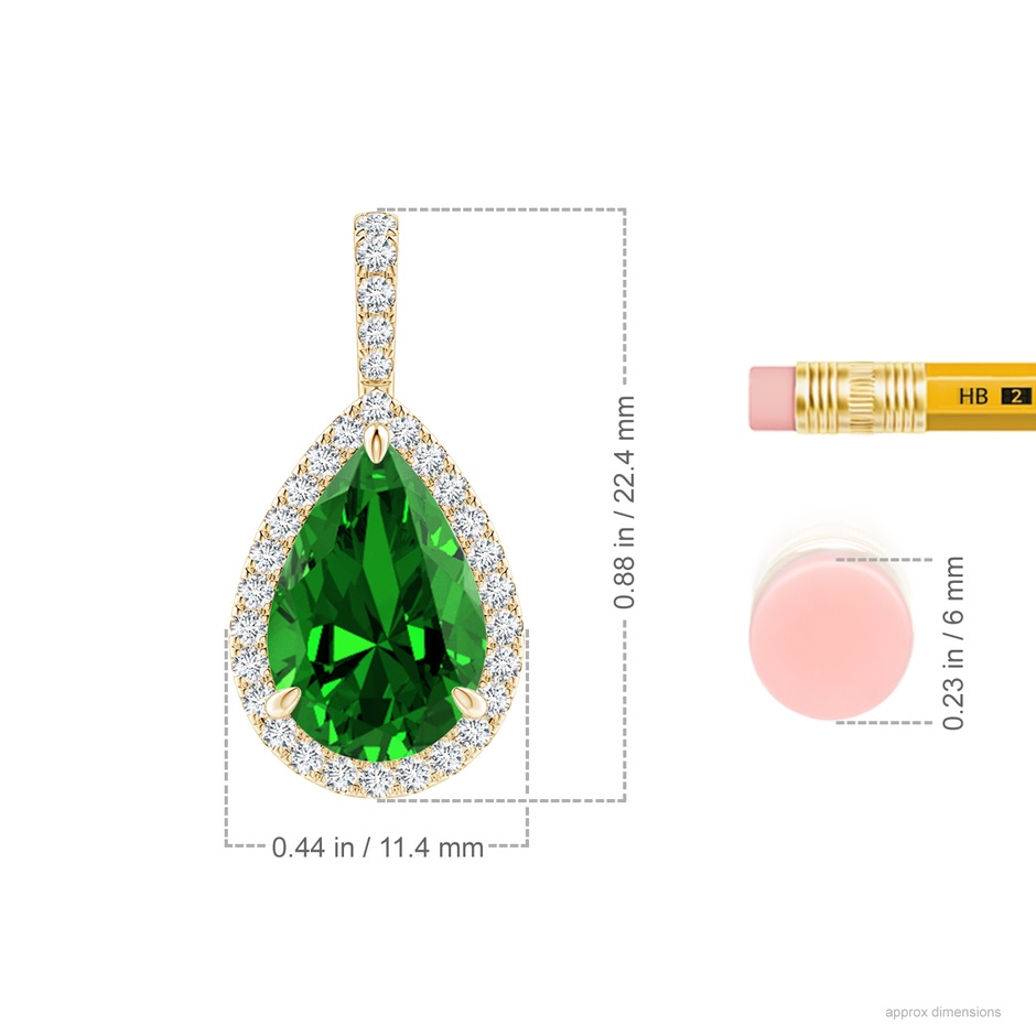 12x10mm Labgrown Lab-Grown Emerald Teardrop Pendant with Diamond Halo in Yellow Gold ruler