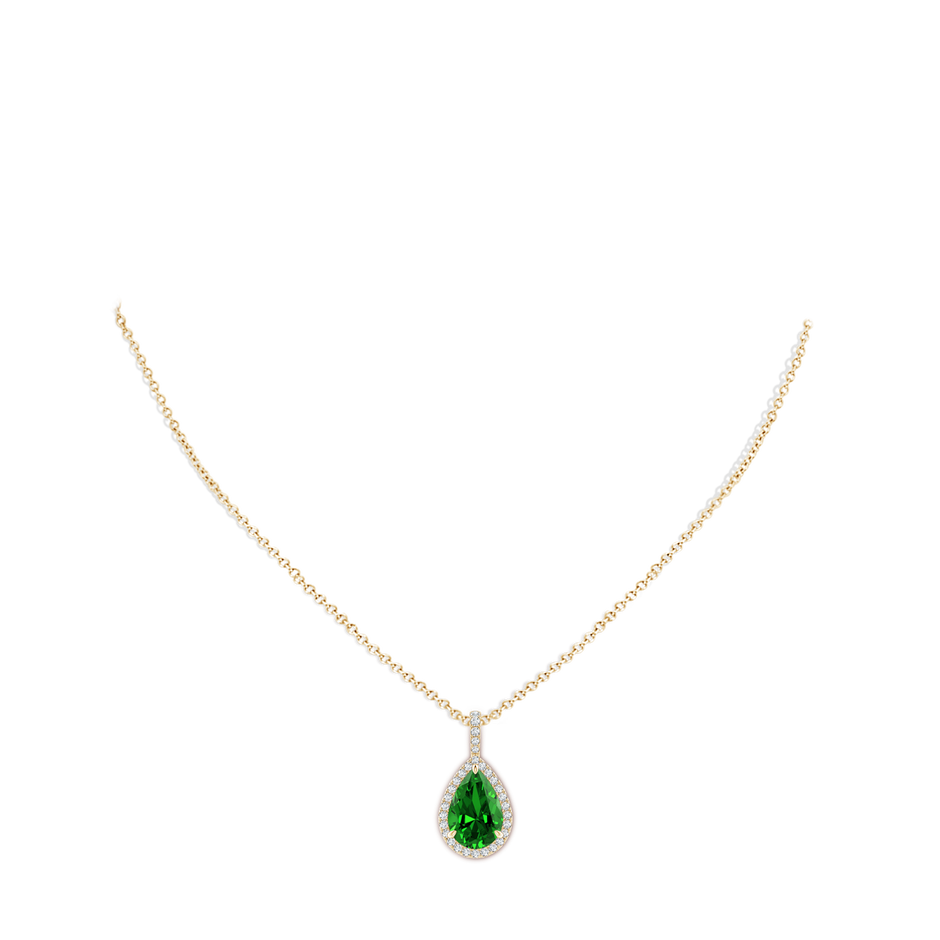 12x10mm Labgrown Lab-Grown Emerald Teardrop Pendant with Diamond Halo in Yellow Gold pen