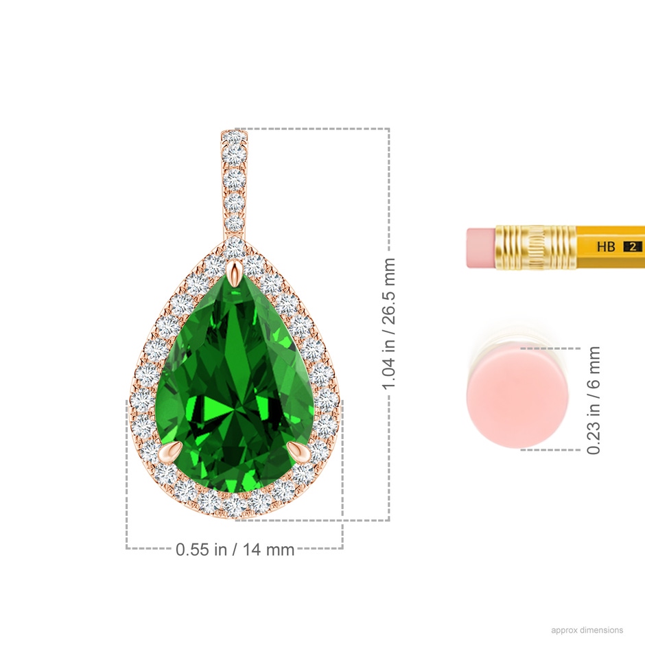 14x10mm Labgrown Lab-Grown Emerald Teardrop Pendant with Diamond Halo in Rose Gold ruler