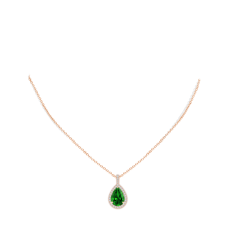 14x10mm Labgrown Lab-Grown Emerald Teardrop Pendant with Diamond Halo in Rose Gold pen