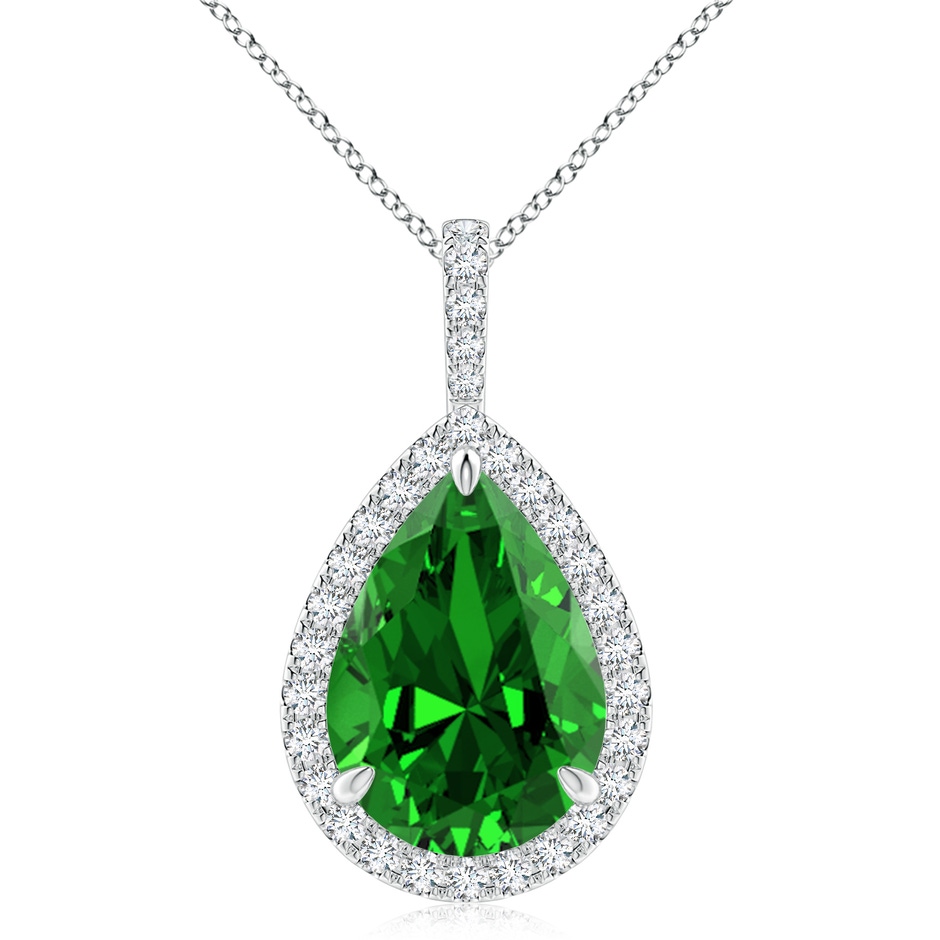 14x10mm Labgrown Lab-Grown Emerald Teardrop Pendant with Diamond Halo in White Gold 