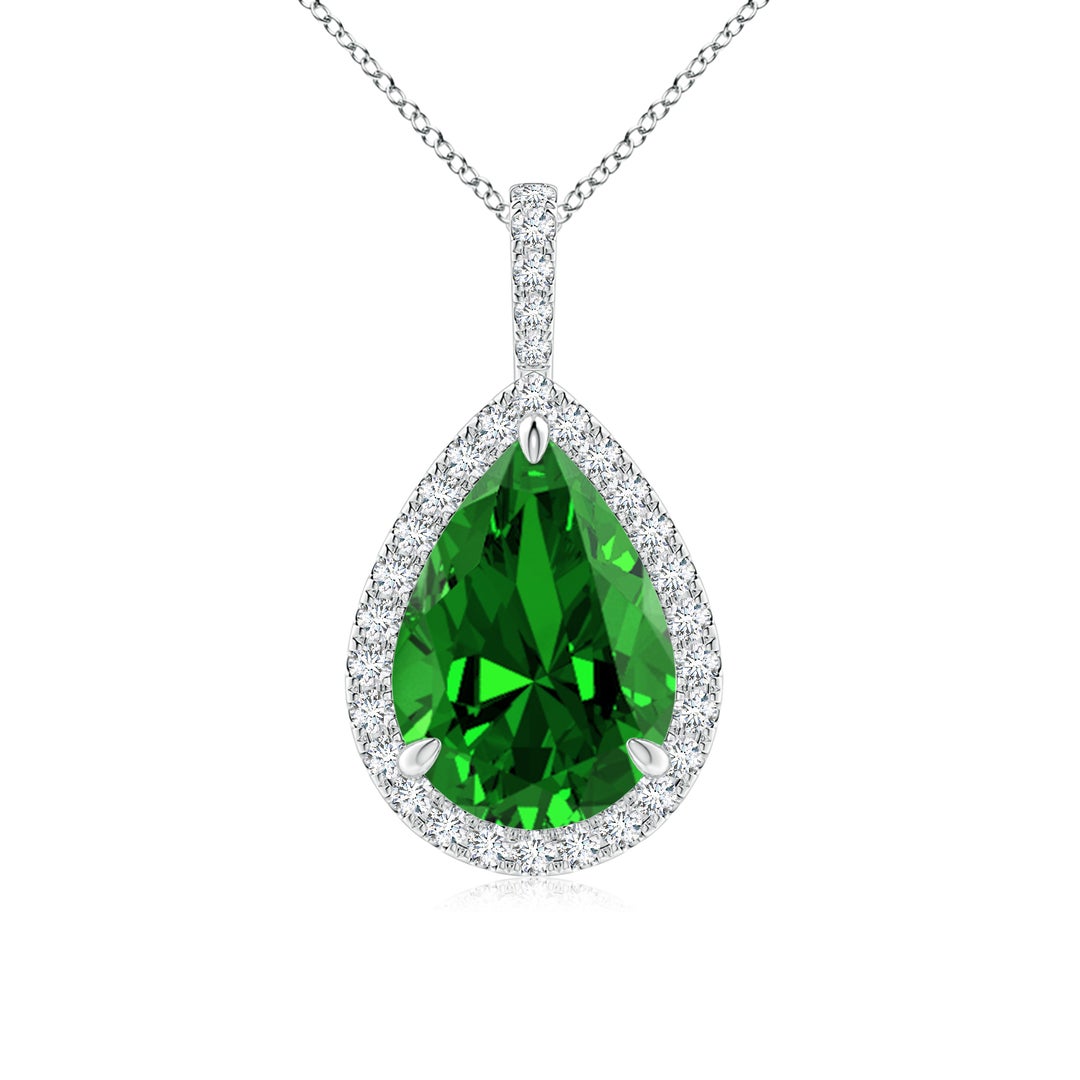 14x10mm Labgrown Lab-Grown Emerald Teardrop Pendant with Diamond Halo in White Gold