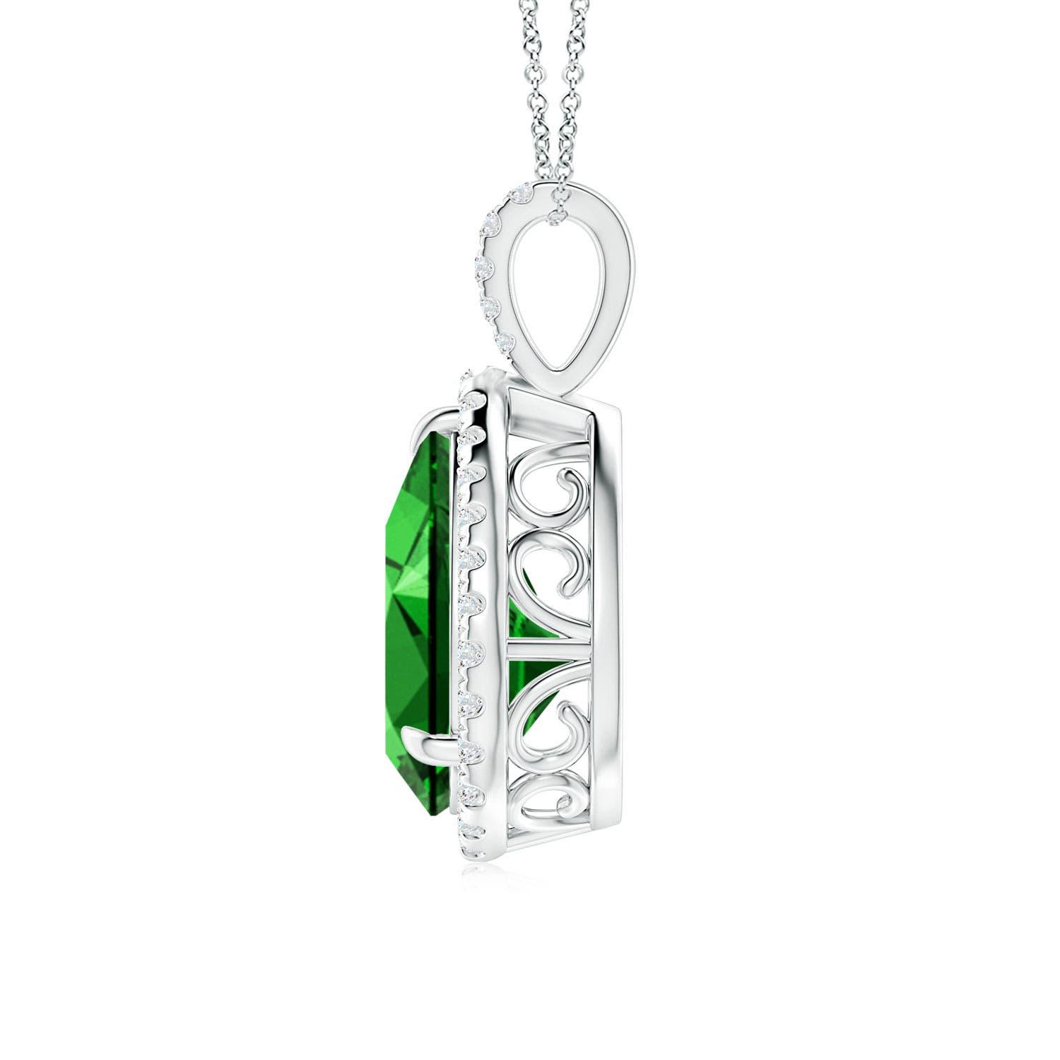 14x10mm Labgrown Lab-Grown Emerald Teardrop Pendant with Diamond Halo in White Gold - side 3