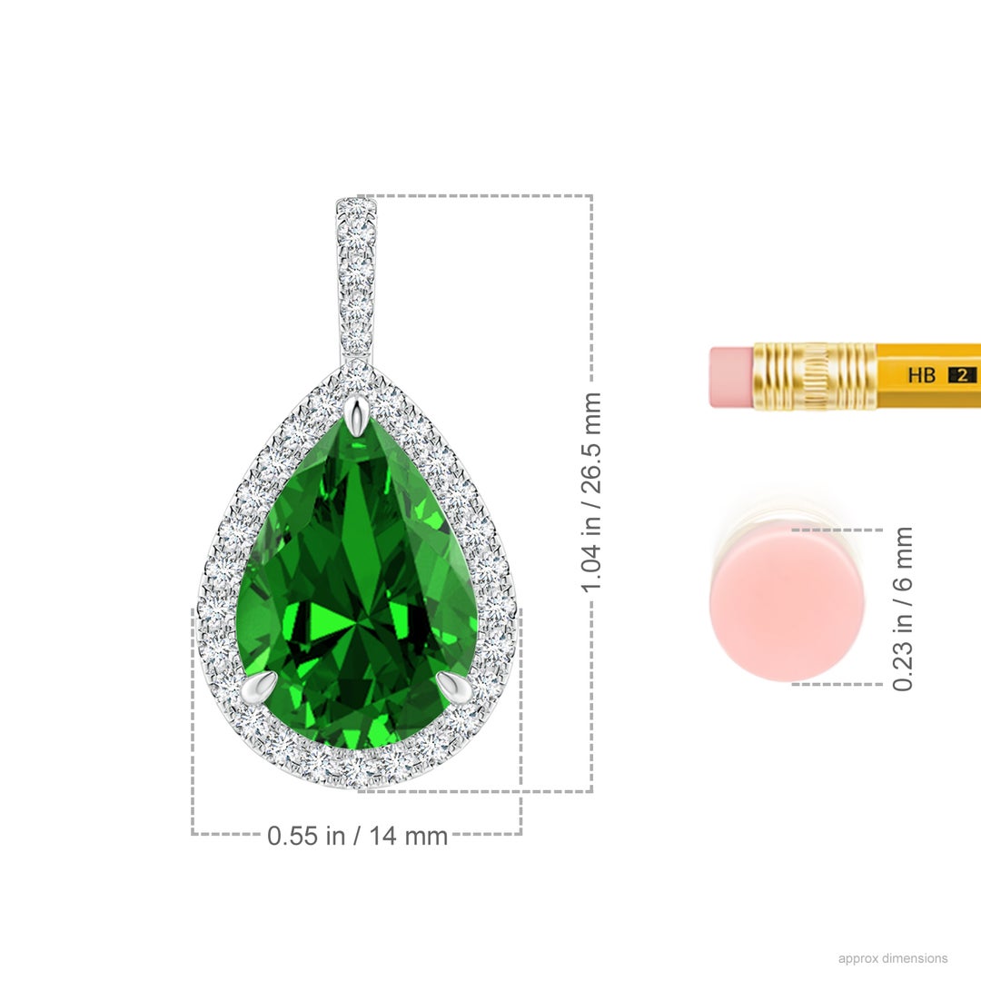 14x10mm Labgrown Lab-Grown Emerald Teardrop Pendant with Diamond Halo in White Gold - ruler