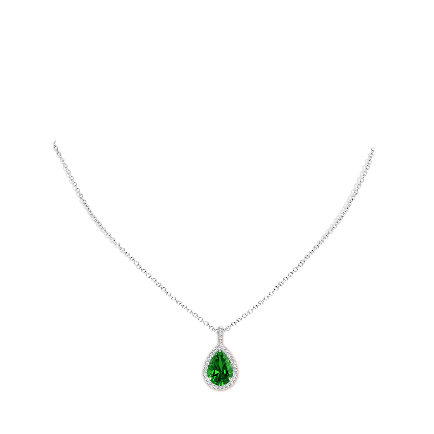 14x10mm Labgrown Lab-Grown Emerald Teardrop Pendant with Diamond Halo in White Gold - body_neck