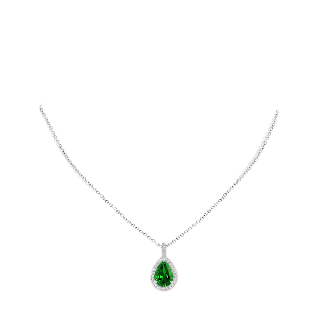 14x10mm Labgrown Lab-Grown Emerald Teardrop Pendant with Diamond Halo in White Gold - body_neck