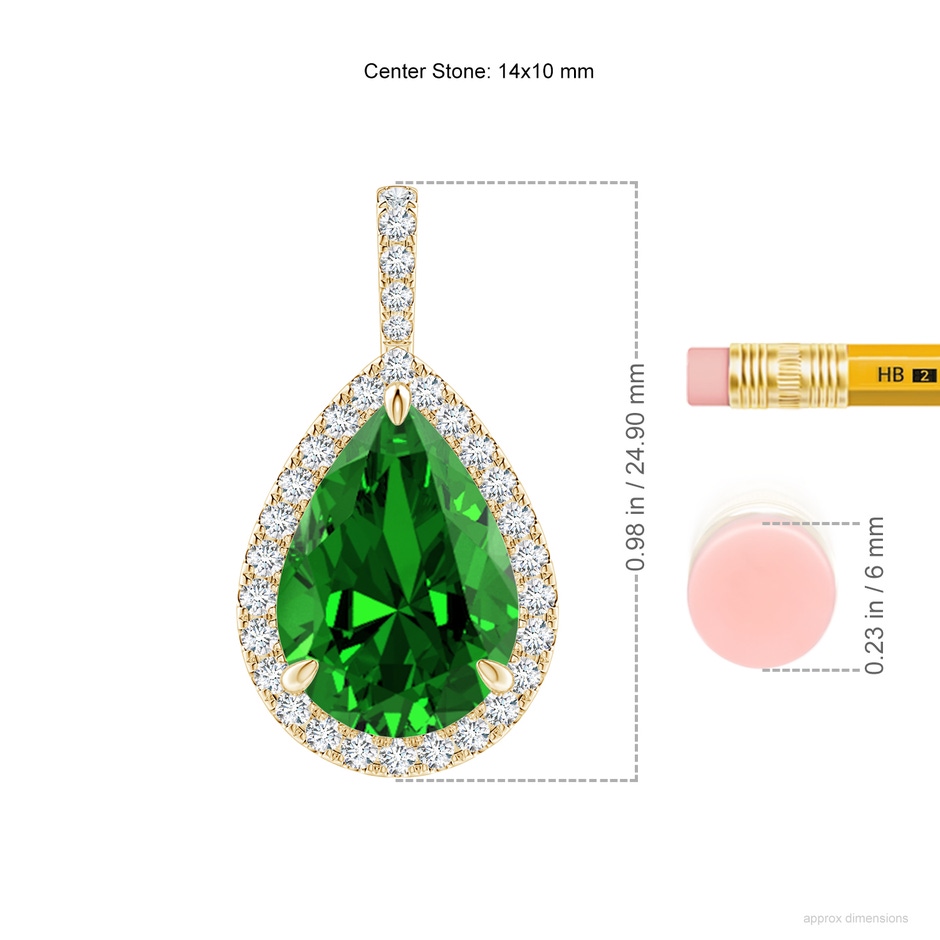 14x10mm Labgrown Lab-Grown Emerald Teardrop Pendant with Diamond Halo in Yellow Gold ruler