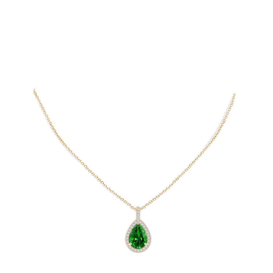14x10mm Labgrown Lab-Grown Emerald Teardrop Pendant with Diamond Halo in Yellow Gold pen