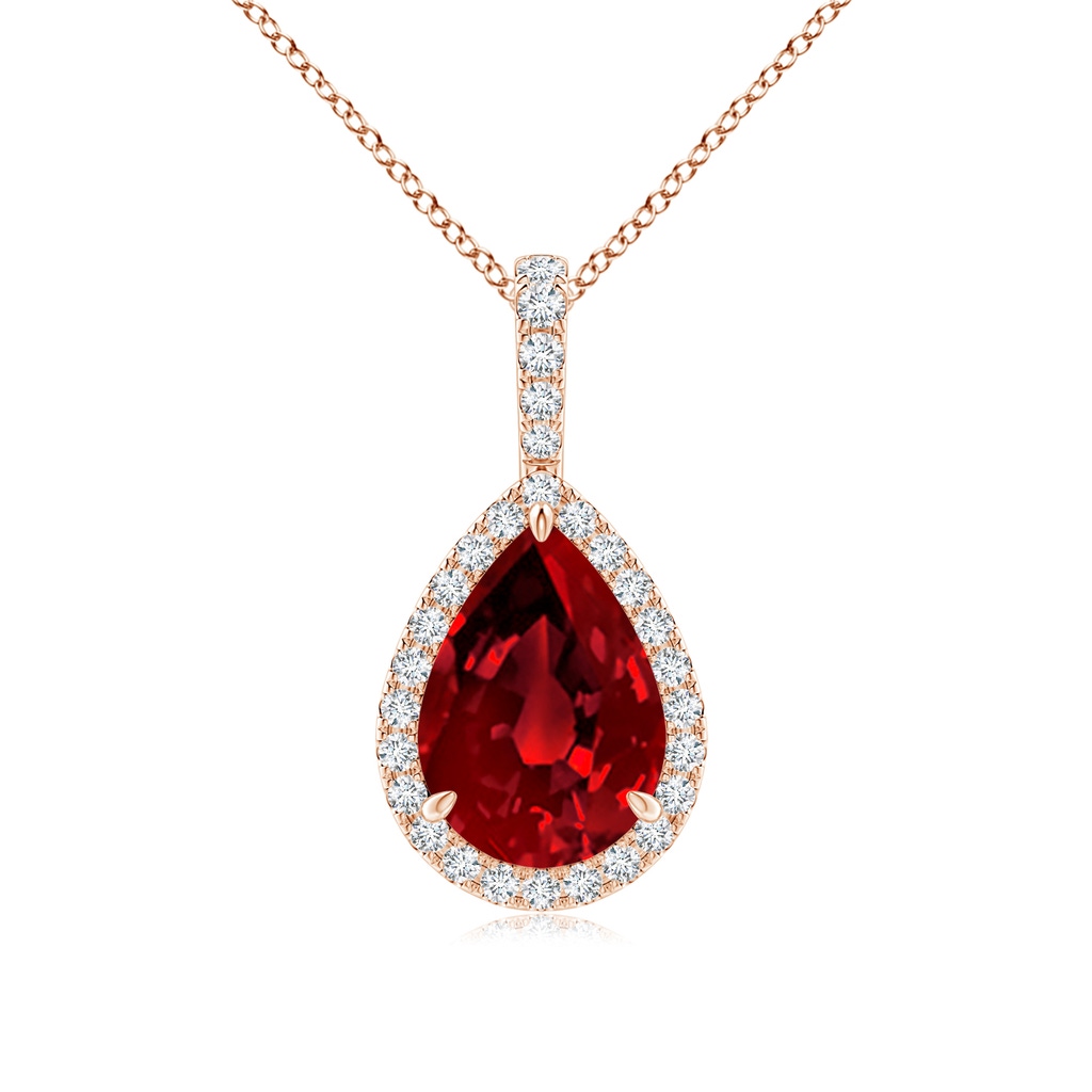 10x8mm Labgrown Lab-Grown Ruby Teardrop Pendant with Lab Diamond Halo in Rose Gold